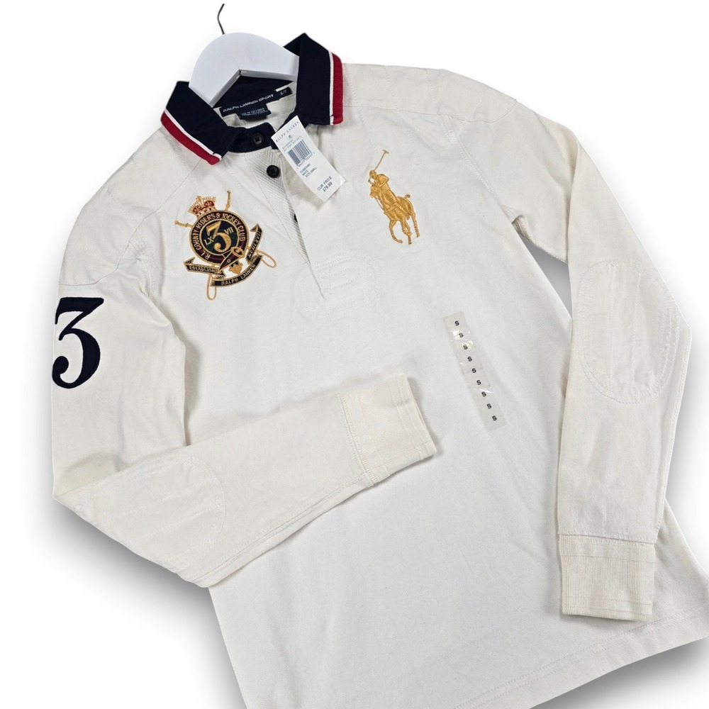 Ralph Lauren Sport Mens Small White Cotton Long Sleeve Big Pony Rugby Shirt NWT